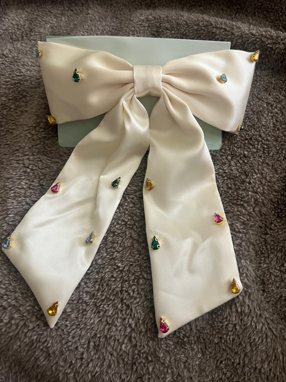 Elegant Ivory Satin Bow Hair Scarf with Multicolor Gem Accents